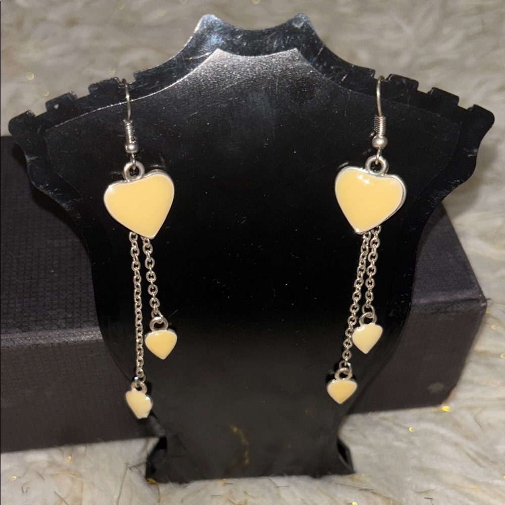 Heart Drop Earrings in Cream and Silver